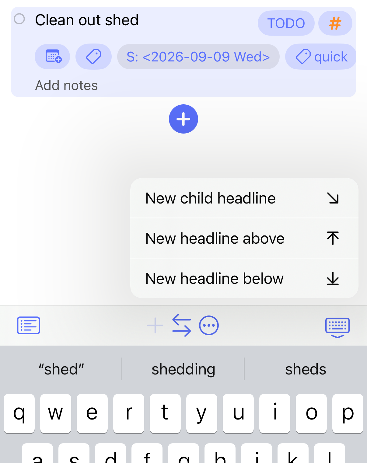 The menu for adding a headline above, below, or inside another headline
